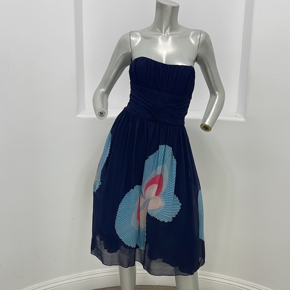 ANNA SUI Strapless  Fit And Flare Empire Waist Silk Dress Navy Floral Size 4 - Picture 15 of 15